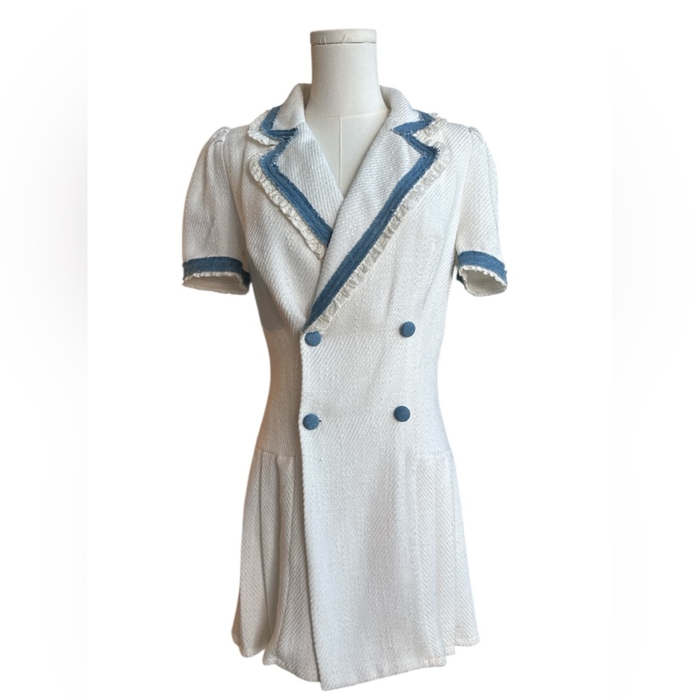 SBC4 White and blue dress with ruffle trim size small